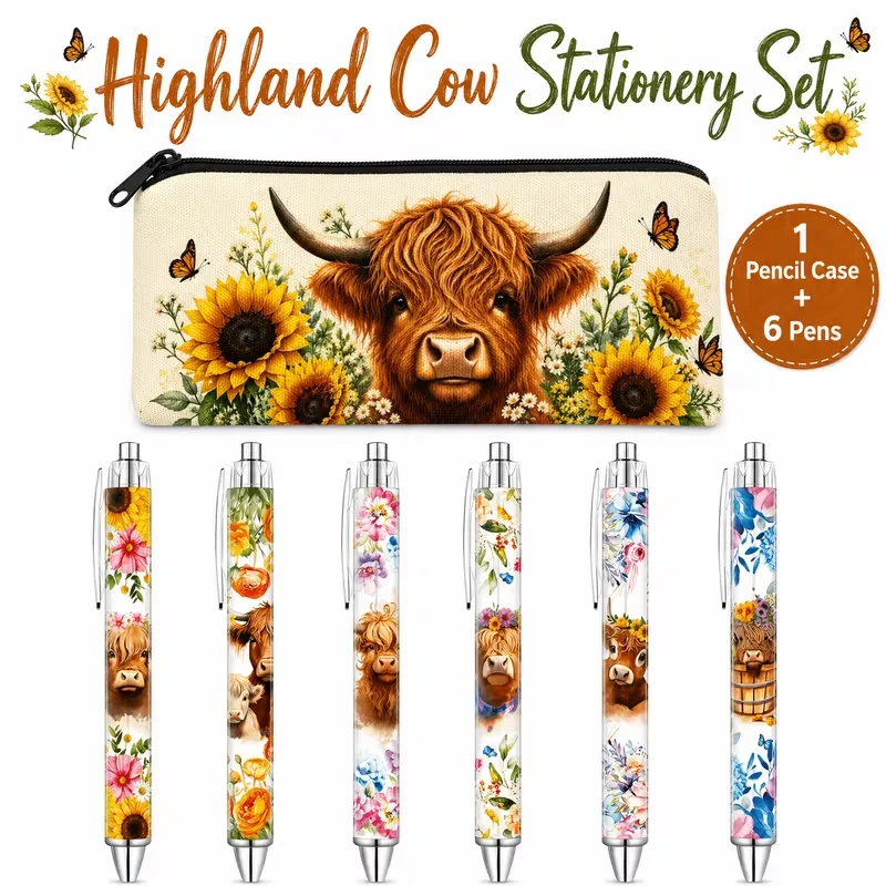 7 Pcs Cute “Highland Cow” Stationery Set Back-to-School Classroom Rewards Include 1 Stress-Relief Storage Pouch 6 Ballpoint Pens