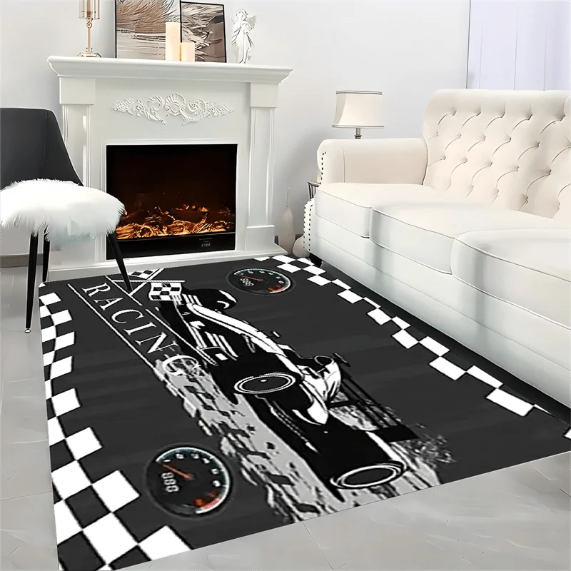Flannel Printed Racing Car Rug Checkered Flag Design Soft Fleece Floor Mat Living Room Carpet Auto Enthusiast Decor Rugs