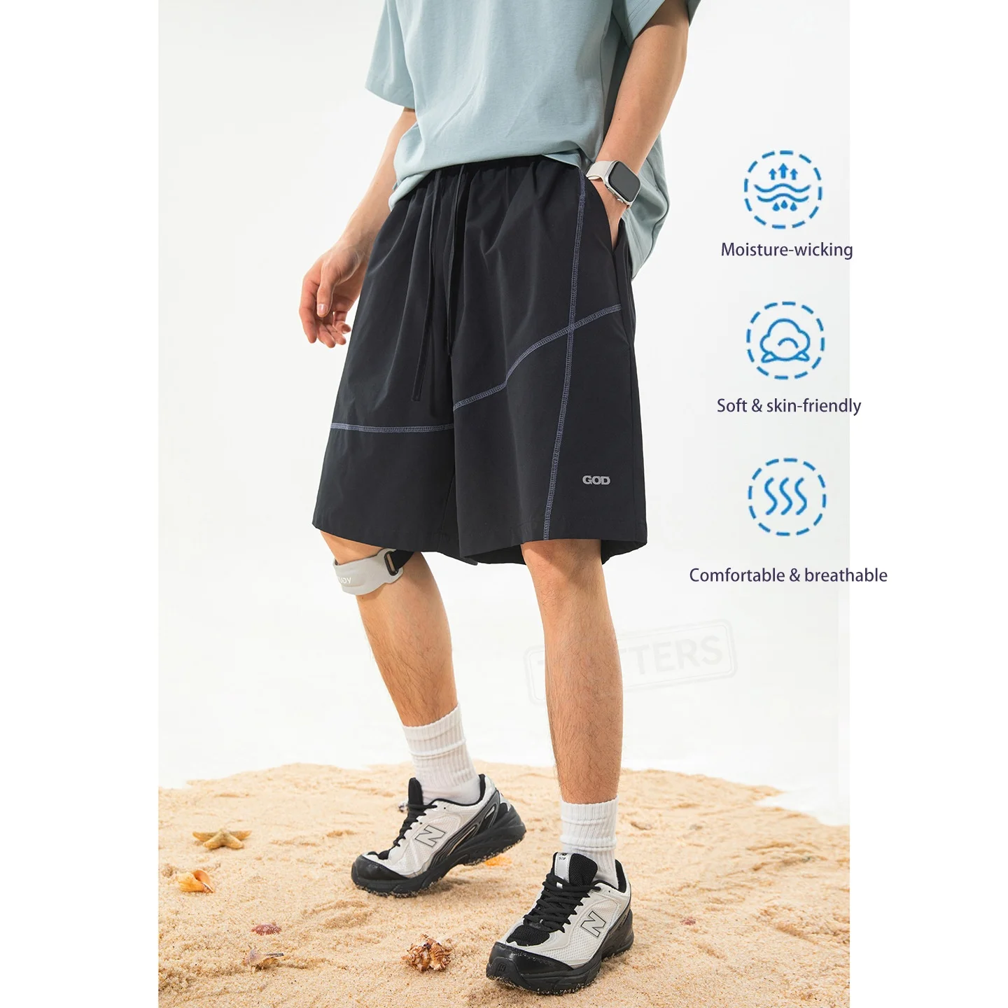 TFETTERS 2026 Summer Sports Men's Shorts Quick Dry Breathable Reflective Detail Split Design Casual Beach Shorts Soft Cool Pant