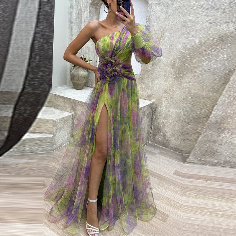 Sexy Contrasting Color Flower Print Party Dress Women Fashion One Shoulder Sleeve Long Dresses For Women Evening Robe