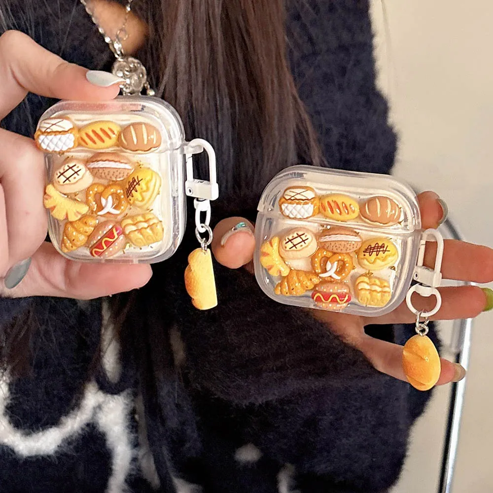 Funny Bread DIY Baking Earphone Case For AirPods 2 3 Pro 4 ANC Pro2 AirPod 4th 3rd Gold Foil Protective Cover with Pendant funda