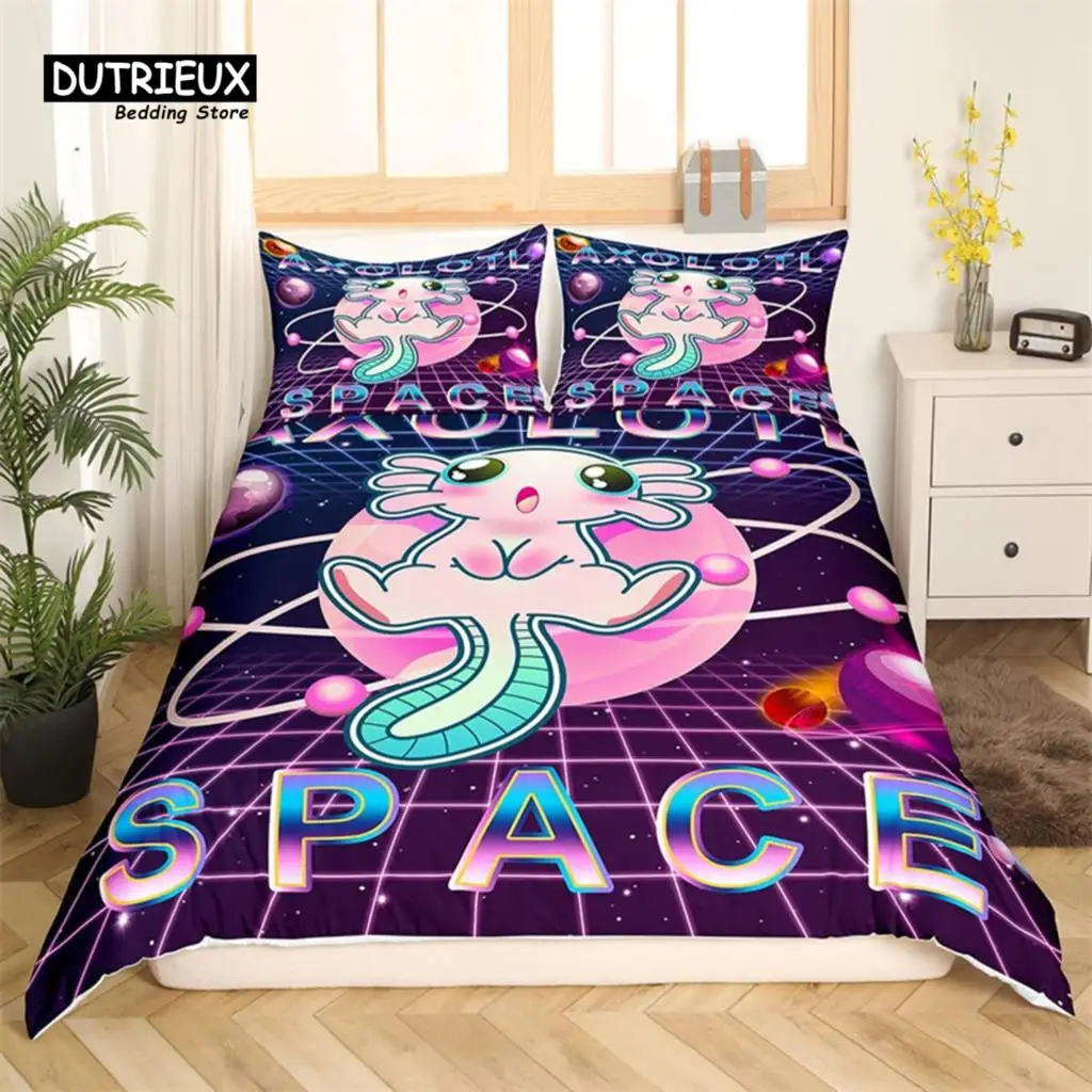 Kawaii Axolotl Bedding Set Queen For Girls Boys Teens Cute Cartoon Reptiles Animal Duvet Cover Galaxy Starry Sky Comforter Cover