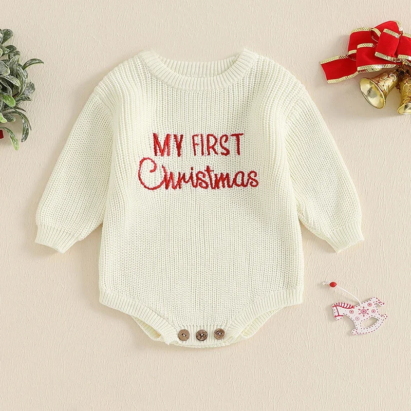 Baby Boy Girl Sweater Knit Rompers Christmas Long Sleeve O Neck Letter Embroidery Baby Clothing Jumpsuits Newborn Baby Clothes