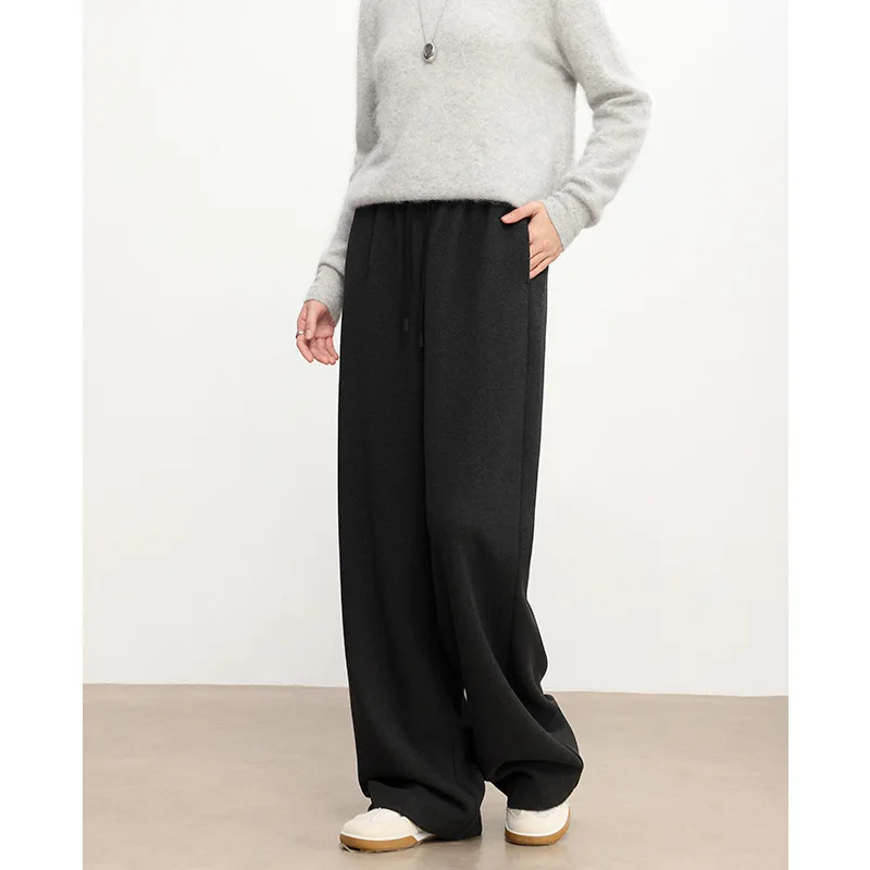 2025 Women's Fashion Autumn New Casual Brushed Warm Elastic High Waisted Loose Drawstring Solid Color Wide Leg Pants