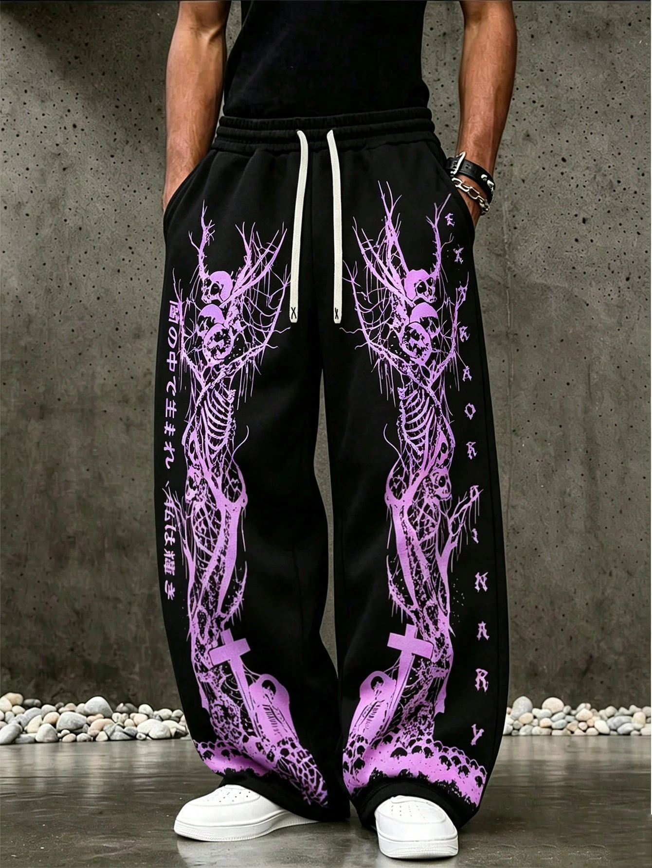 Men's Street Theater Mask Graffiti Print Elastic Drawstring Wide Leg Pants Punk Dark Style Shocking Loose Pants