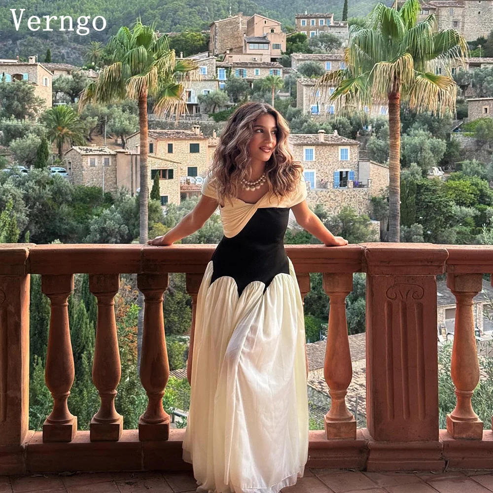 

Verngo lvory Black Chiffon Formal Occasion Dress Women Elegant A Line Prom Gowns O Neck Short Sleeves Party Dress Customized