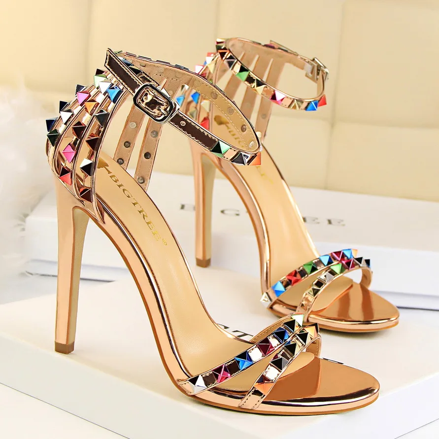 Summer Women 11cm High Heels Rivets Sandals Lady Stiletto Gladiator Heels Sandles Pumps Stripper Fetish Open Toe Luxury Shoes