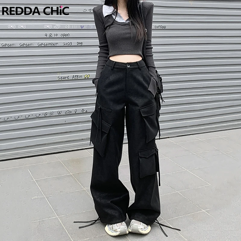 

REDDACHiC Boyfriend Cargo Pockets Leather Pants Women Casual Wide Leg Drawstring Skater Oversized Pants Acubi Fashion Sweatpants