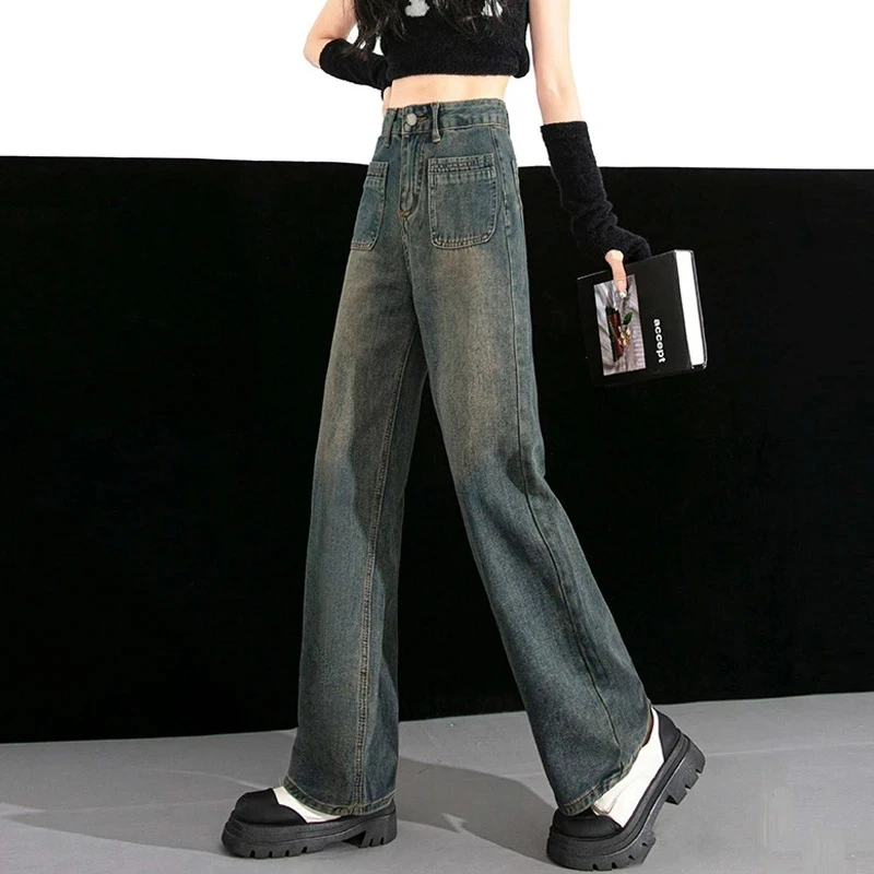 Comfortable Womens Straight Jeans Skin Friendly Leisure High Waist Wide Leg Loose Baggy Denim Trousers Street Fashion Autumn