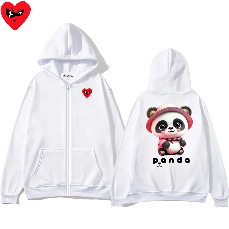 Pink Cute Panda Cartoon Printing Men Women Zipper Hoodie Polyester Red Glasses Heart Embroidery Pocket Loose Thin Autumn Sweater