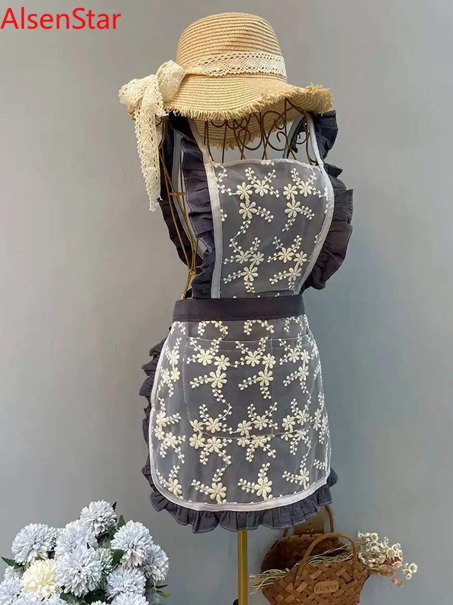 

Soft Washable Cotton Grey Embroidered Apron Household Waist Cooking Gown Antifouling Florist Manicurist Beauty Work Clothes