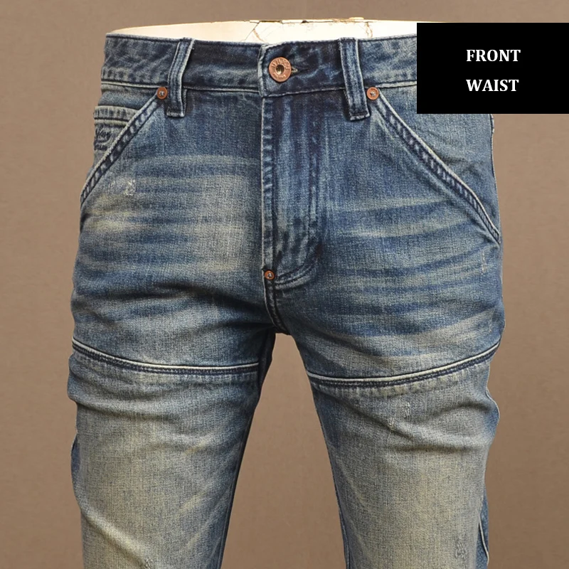 Street Fashion Men Jeans High Quality Retro Washed Blue Stretch Slim Fit Spliced Designer Biker Jeans Men Hip Hop Denim Pants