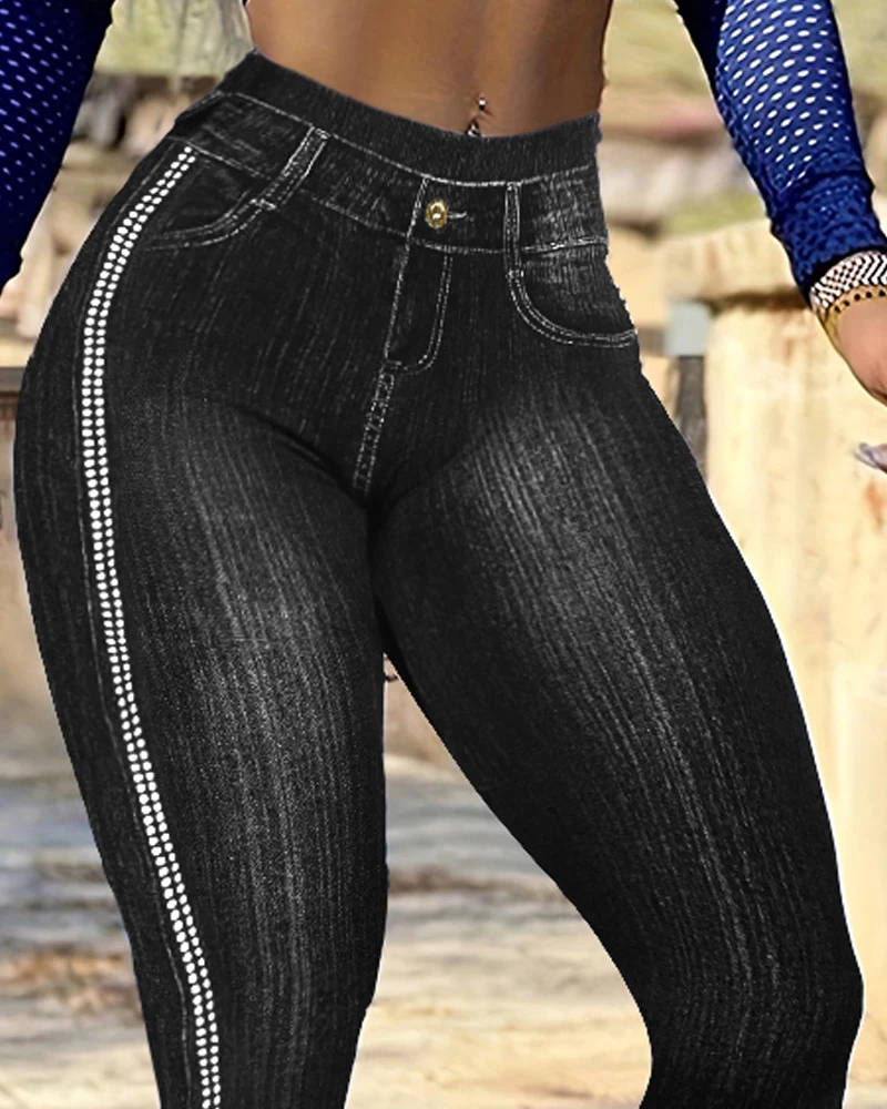 Eng anliegende, seitlich gepunktete Yogahose aus Kunst-Denim mit hoher Taille, enge Sporthose zum Anheben der Hüfte