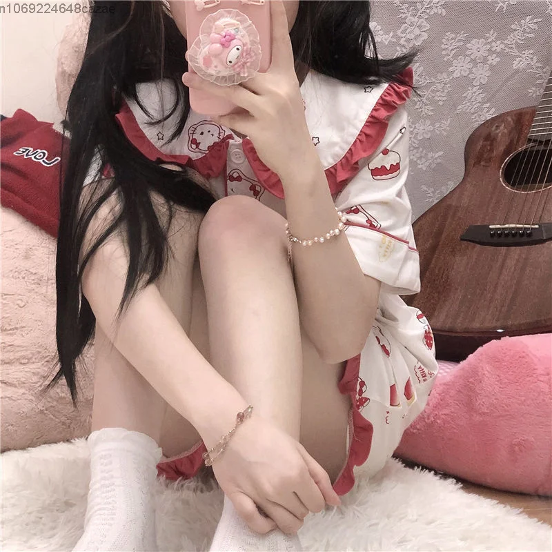 Sanrio Hello Kitty Printed Pajama Girl Cute Pattern Red Edge Homewear Soft Thin Short Sleeve Shorts Home Clothes Set For Women