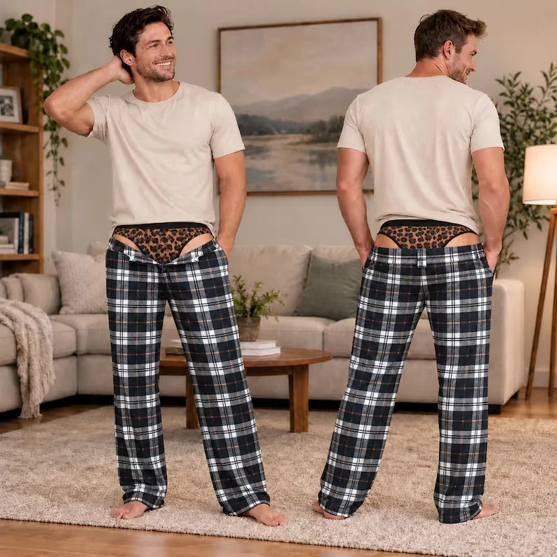 Fun Men's Checkered Back Slit Hip Flap Design with Black and White Checkered Elastic Drawstring Casual Funny Pants