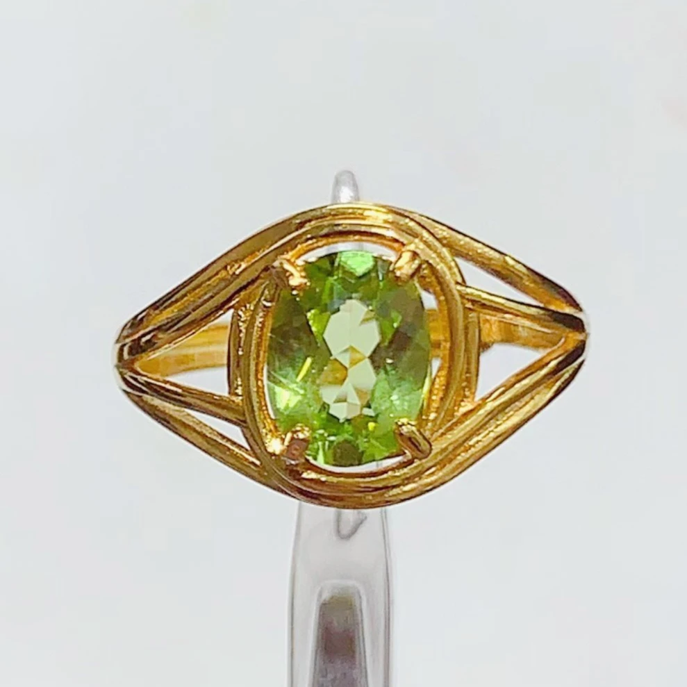 925 Silver Natural Peridot Ring Certified Fine Jewelry Exquisite Craftsmanship Gold Plated Eye-Shape Solitaire Gemstone Ring