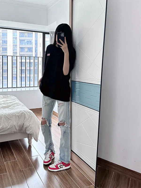 

Waed American High Street Men's Jeans Vibe Pants Cuffed Zipper Hole Design Casual Straight Leg Blue Jeans Summer Wear