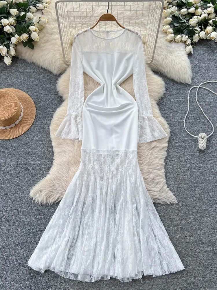 Ele renda longa sve sereia vestido feminino fino ajuste fi cauda dr cintura alta emenda ci commute verão faion dr