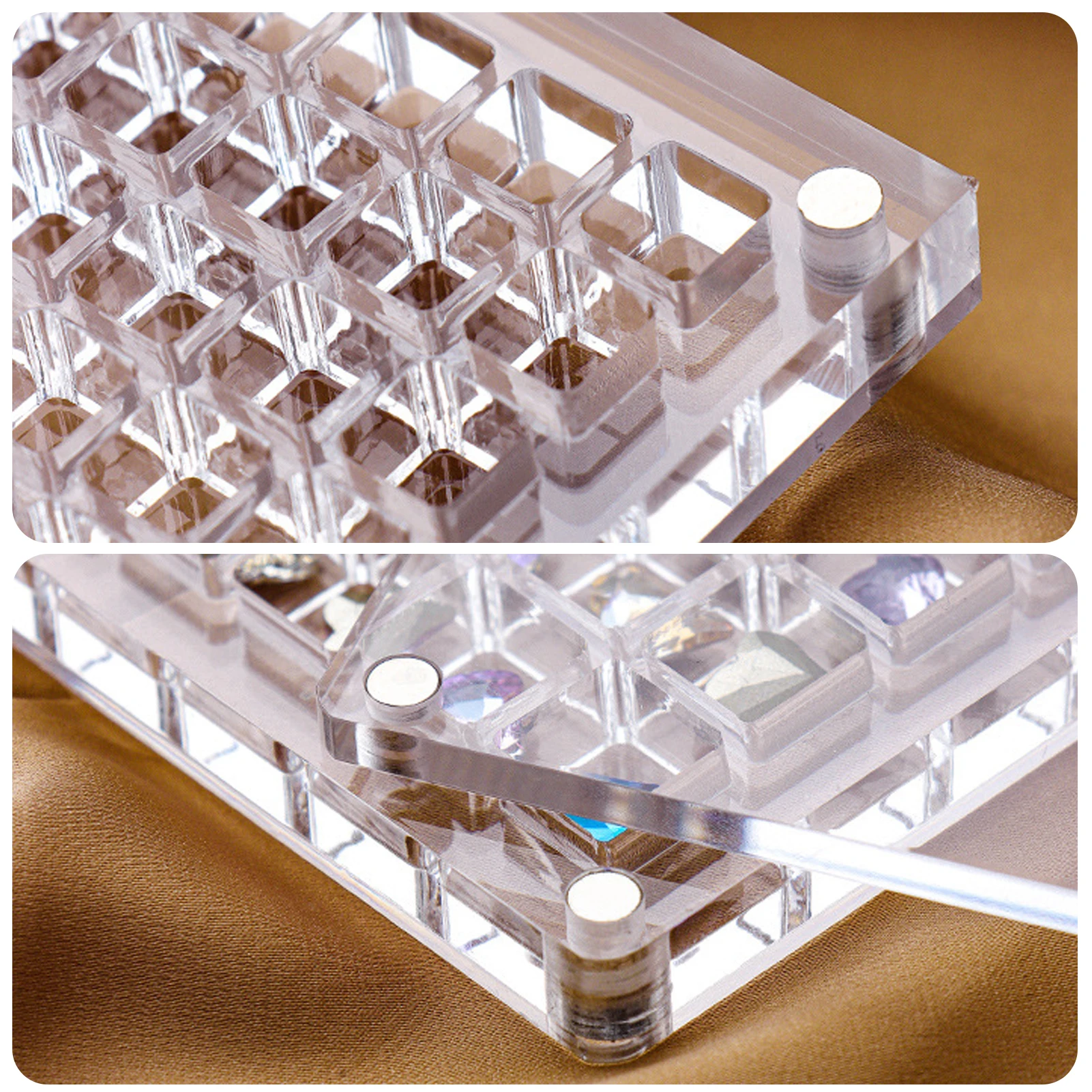 Clear Acrylic Nail Art Crystal Diamond Stone Jewelry Storage Box Tiny Grids Nail Rhinestone Display Organizer Tray Decoration