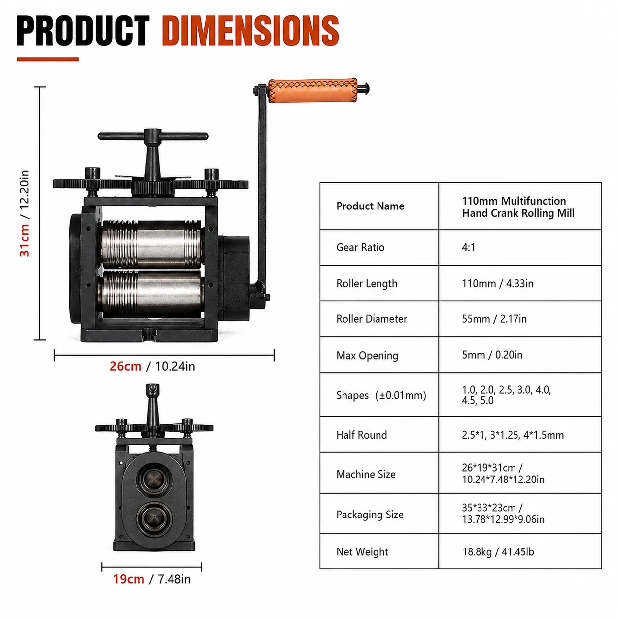 110x55mm Manual Jewelry Rolling Mill 3-in-1 Hand-cranked Jewellery Press Machine HH-RM01A Sheet Wire Semicircle Shape Multifunction Jewelry Rolling Mills for Gold and Silver Jewelry Making