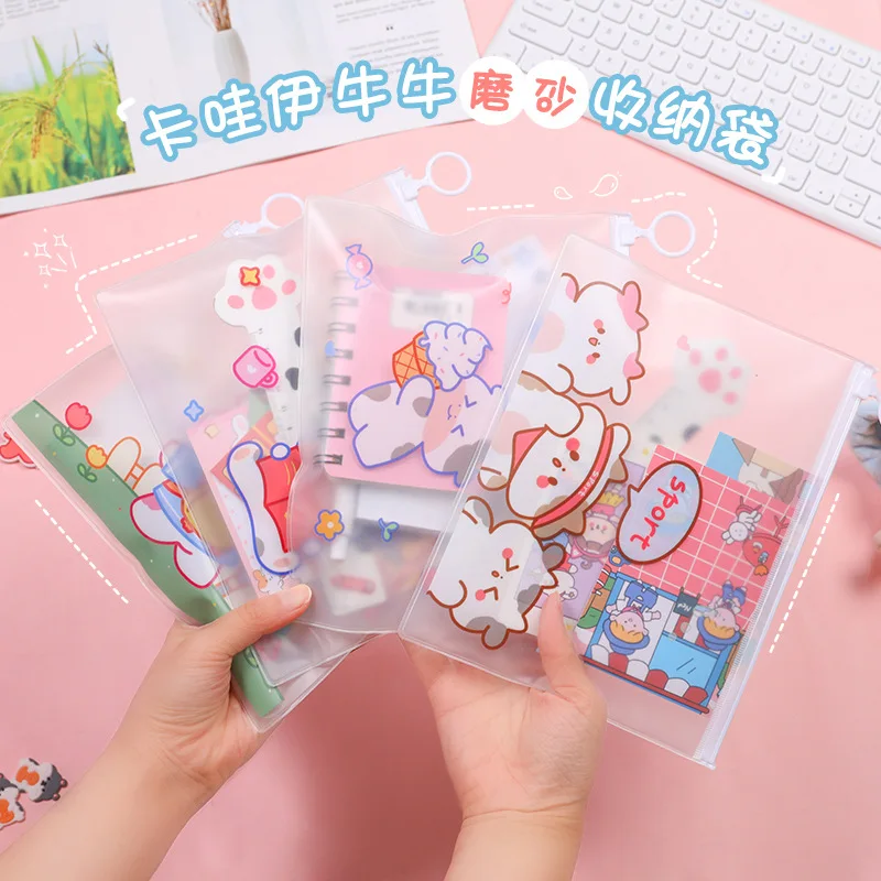 2pcs Kawaii Cow Transparent File Folder Cartoon Stationery File Bag Zipper Bag Storage File Organizers Folder Office Supplies