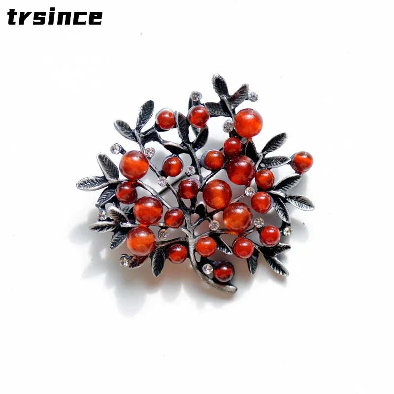 Red Rhinestone Trees Brooch Natural Stone Pin Vintage Bouquet Clothes Clip Brooches and Pins for Women Wedding Accessories