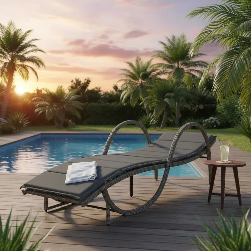 Chaise longue coussinée en polyrotin gris pour jardin, extérieur, patio, piscine, plage, cour arrière, pont, été, meubles de bronzage