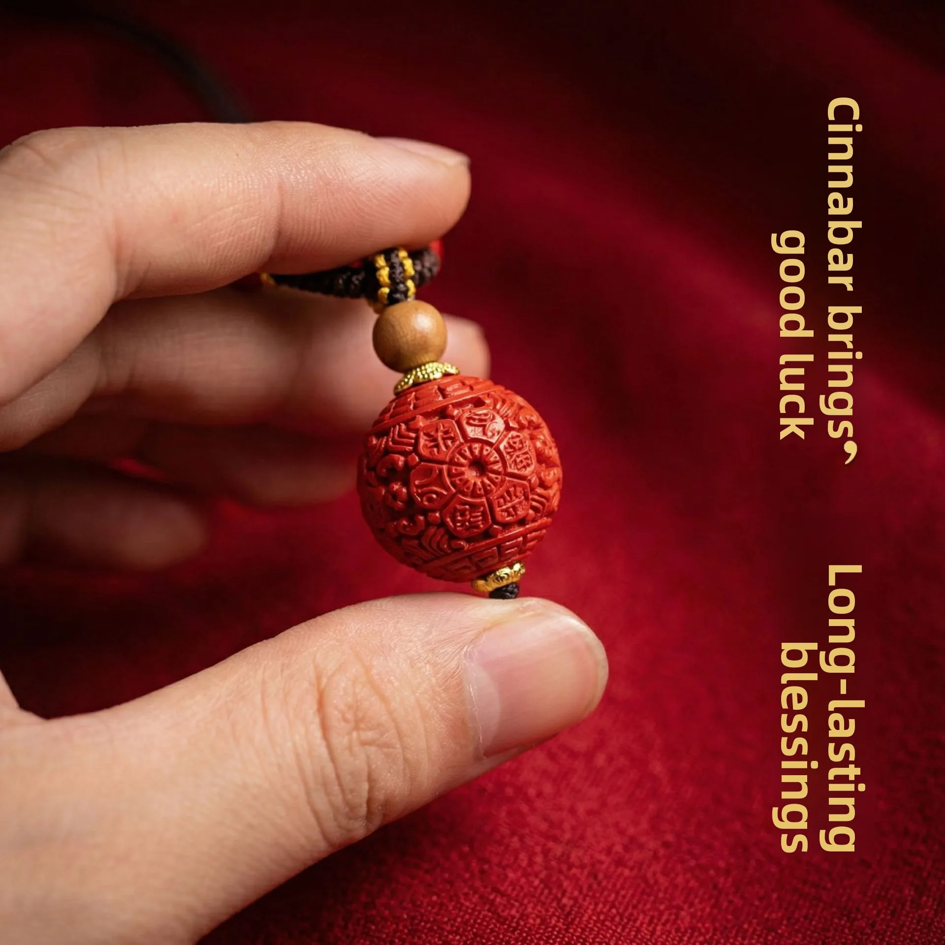 Handcrafted Chinese Style High Purity Red Cinnabar Six True Words Lucky Transfer Bead Pendant Unisex Adjustable Necklace For Zod