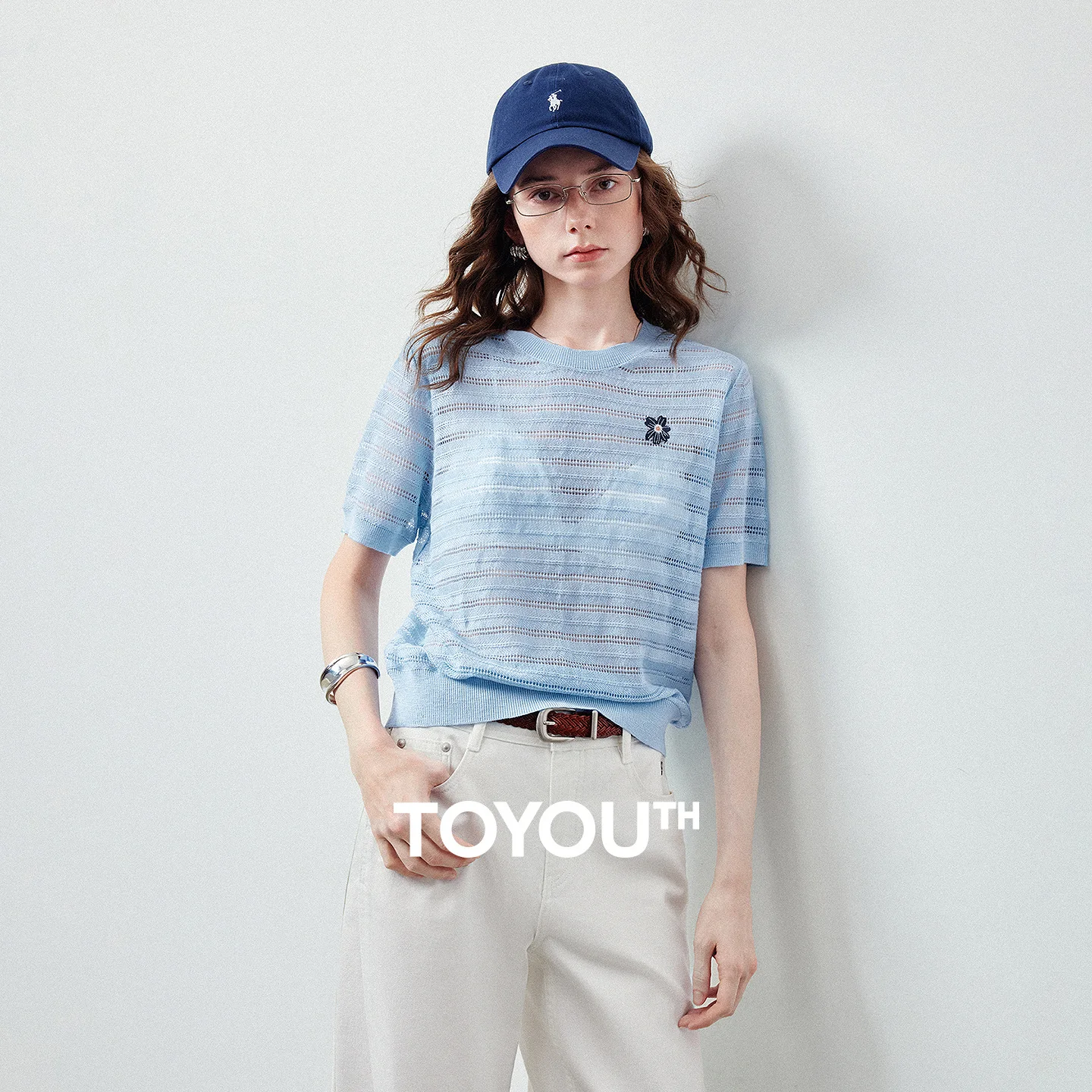 TOYOUTH Women Textured Knitwear 2026 Summer New Slim Fit Round Neck