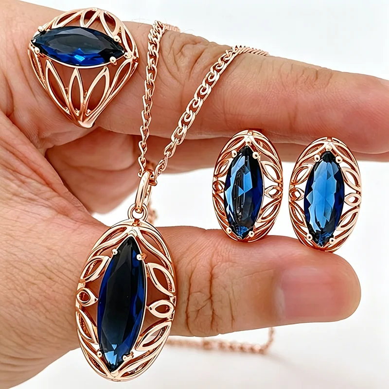 Kinel glänzender langer Rhombus-Ring mit blauem Naturzirkon, Ohrringe, Halskette für Damen, modisch, 585er Roségold, Hochzeitsschmuck-Sets