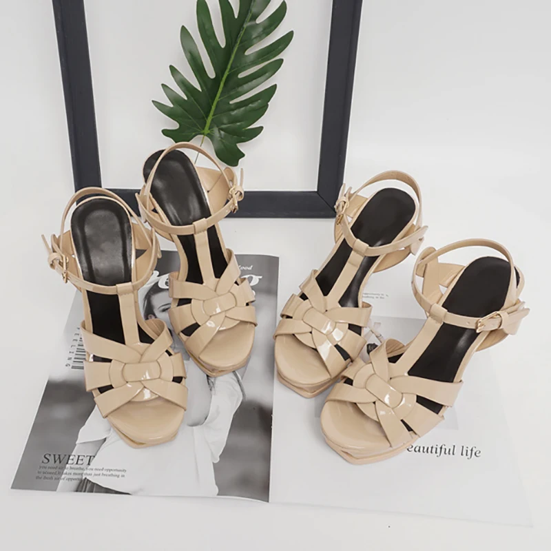 Sandales en cuir verni à plateforme Peep-Parker tissée pour femmes, chaussures d'été à talons hauts, mode de luxe, 2023