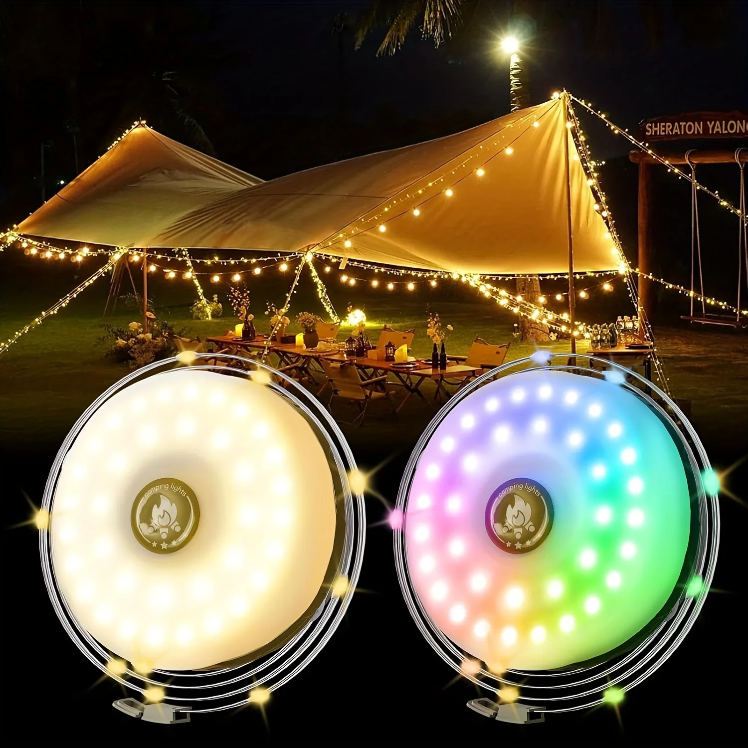 2 in 1 Solar-Powered Camping String Lights Rechargeable, 5 Lighting Modes, Hanging Portable LED Lamp For Bedroom, Yard, Christma