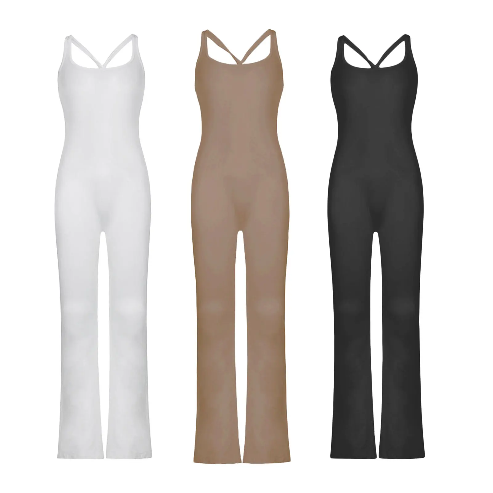 

Women Fashion Sexy Sling Slim Jumpsuit Sleeveless Square Neck Solid Color Casual Flare Pants Female Workout Fitness Playsuit