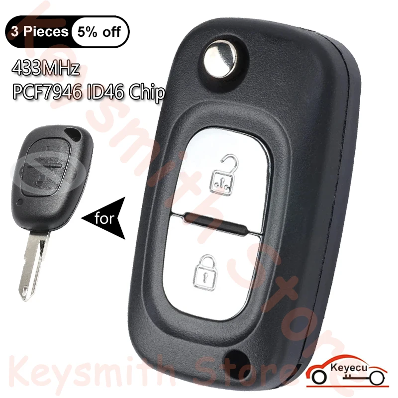 

KEYECU For Renault Traffic Master Vivaro Movano Kangoo Remote Key Fob 2 Buttons 433MHz ID46 PCF7946 Chip Transmister NE73 Blade