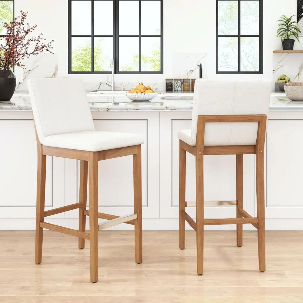 

Linen-Cushioned Bar Stools Set of 2, Beige Upholstered High Chairs with Backrest and Metal Footrest for Kitchen Island