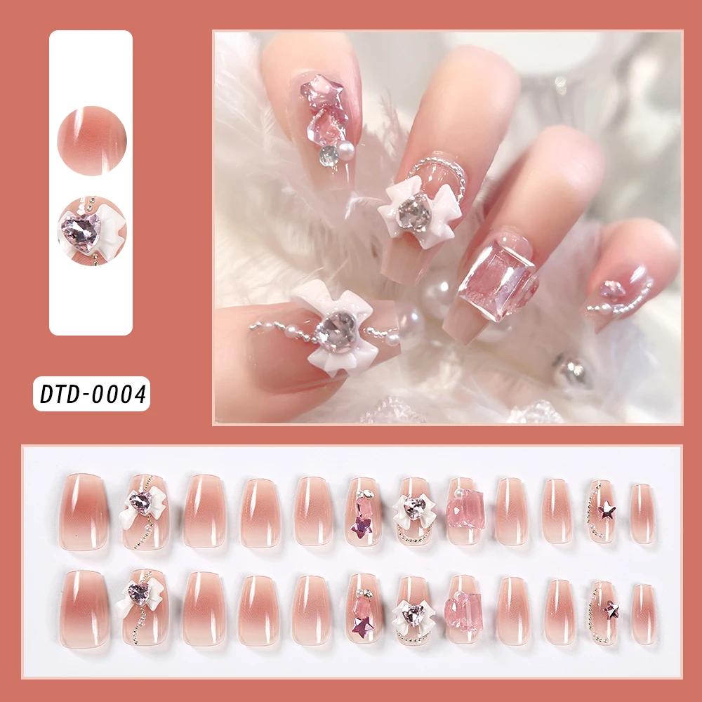 24pcs 3D Bow Setting Glitter White Press on Nails Rhinestones Ballerina Fake Nails Pearl Blush Pink Stick on Nails Accessories *