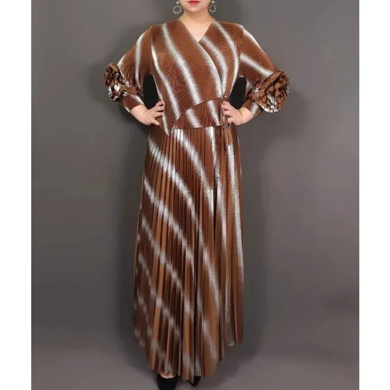 Miyake Damska Wiosenno-Letnia Nowa Sukienka z Dekoltem w Serek, Kwiatami, Paskami, Duży Rozmiar, Plisowana, Elastyczna, Luźna Sukienka Afrykańska na Bal