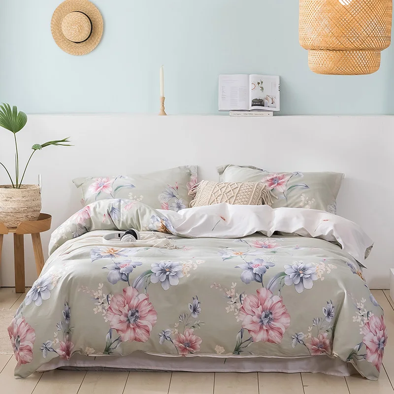 

2022 Long-staple Cotton Four-piece Bed Sheet Star And Moon Pattern Plain Cotton Bedding Light Luxury Models Denim Light Green