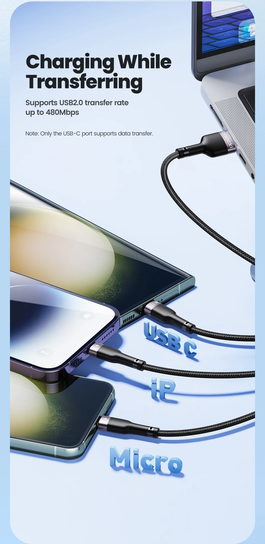 Toocki 3 in 1 USB Cable 6A 100W Micro USB Type C Charging Cable For iPhone 14 13 12 Huawei Honor Xiaomi 13 ViVo Oppo Data Cord