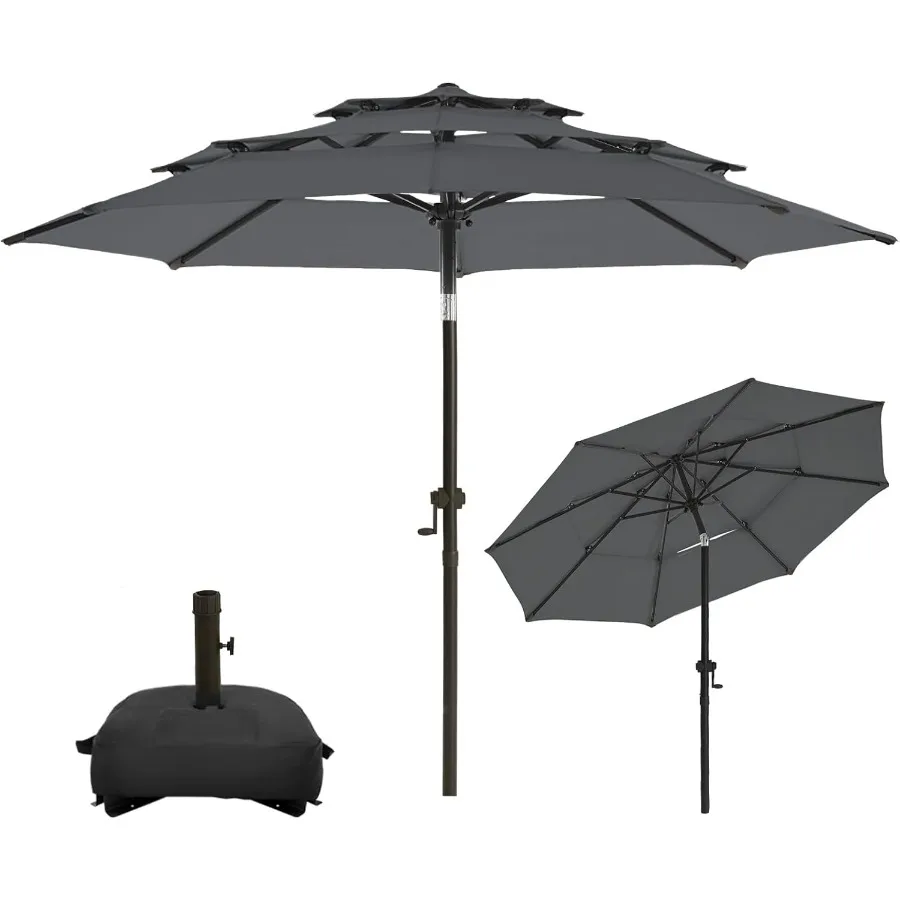 Parasol de patio à 3 niveaux de 9 pieds avec base robuste incluse pour une utilisation extérieure, tissu polyester résistant à la décoloration et imperméable avec 8 pièces