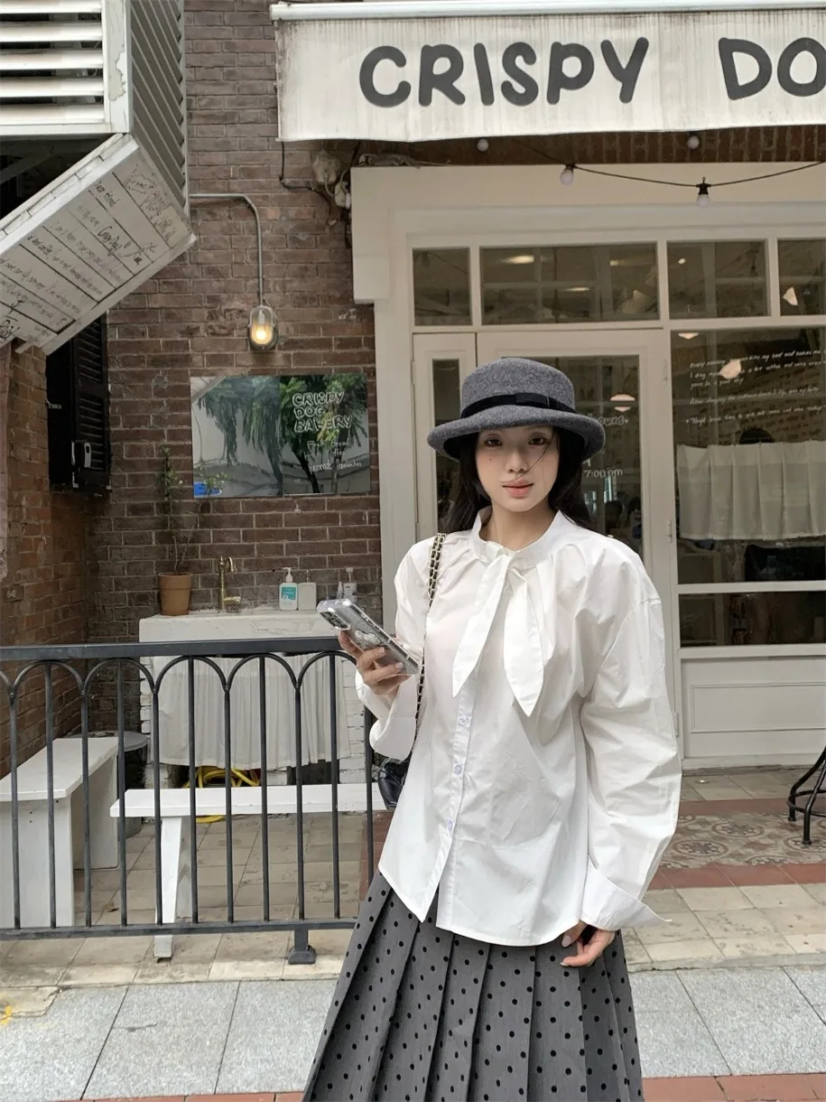 

Женская блузка с воротником-стойкой и плиссировкой, свободного кроя, с длинным рукавом, весна 2026, новая коллекция, нежный стиль, универсальная, с декором в виде ушек кролика