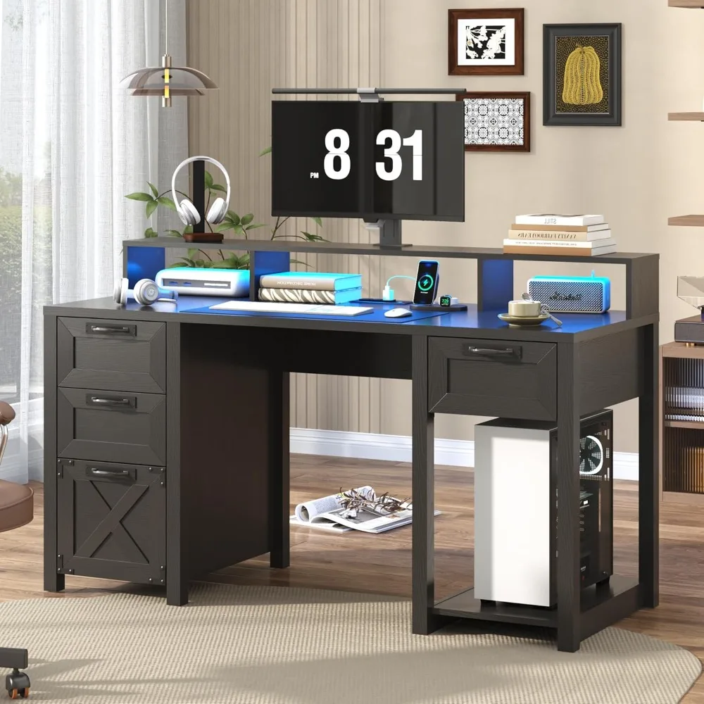 

59" Farmhouse Computer Desk with 4 File Drawer & Power Outlet & Led Lights, Wood Home Office Desk with Long Monitor Stand, Compu