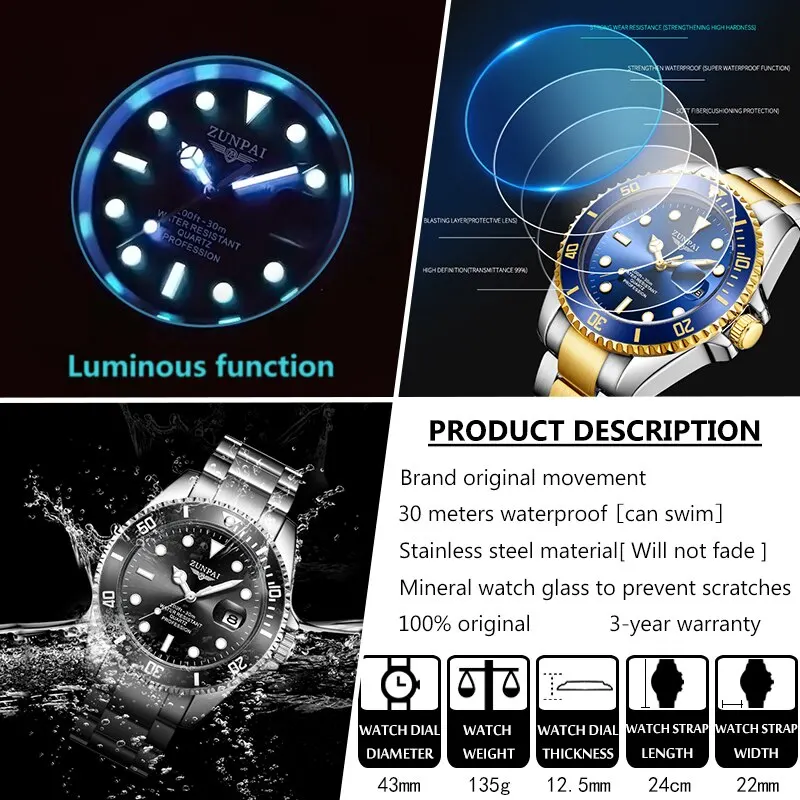 100%Original ZUNPAI Watch for Men Waterproof Sports Stainless Steel Diving Wristwatches 2022New Fashion Luxury TOP Brand