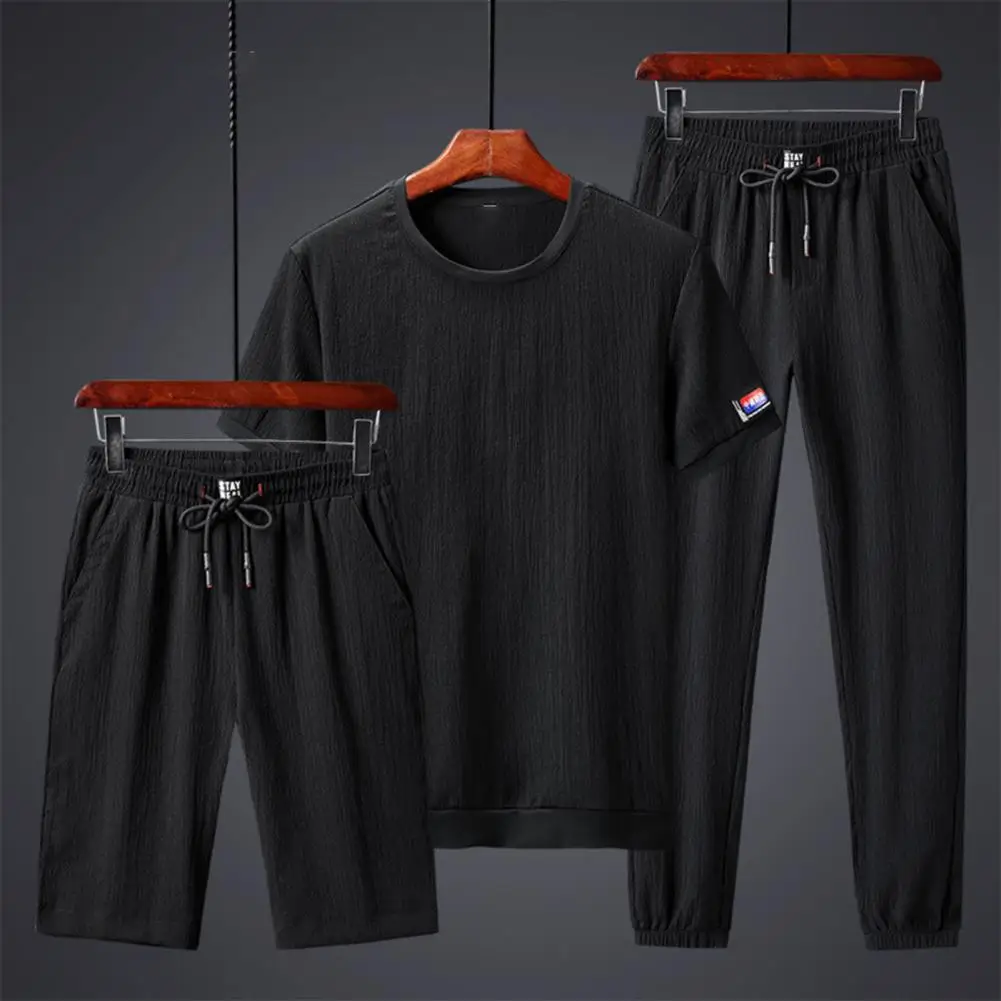 Mens 3 Piece Fashion Sports Suit Men T-shirt Shorts Trousers Ice Silk Gym Outfit Jogging Polyester Men Sportwear Set Streetwear