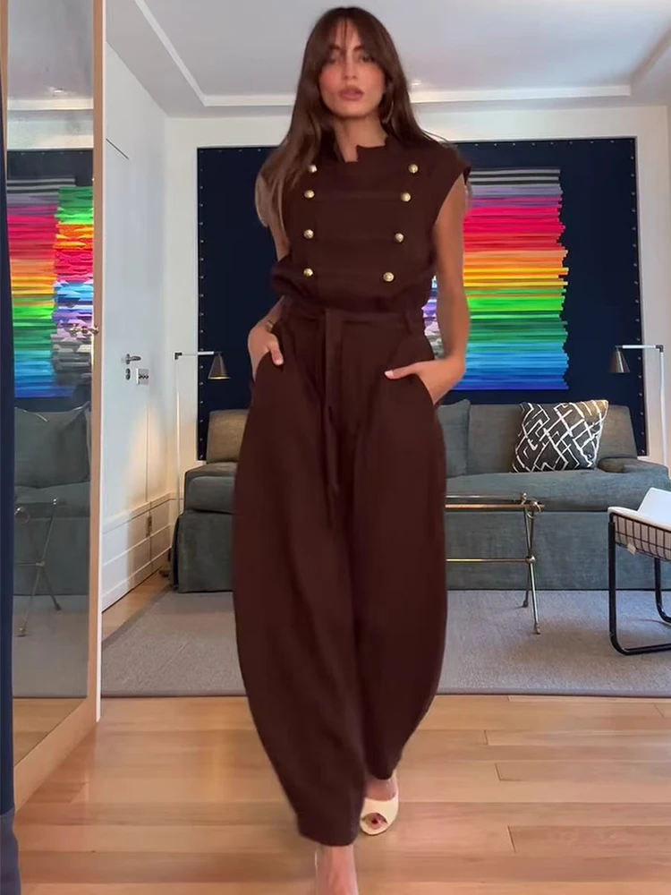 Damen Lange Jumpsuits 2026 Ärmellose Playsuits Elegante Einfarbige Rompers Lässiger Stehkragen Gürtel Modisches Pendler-Outfit