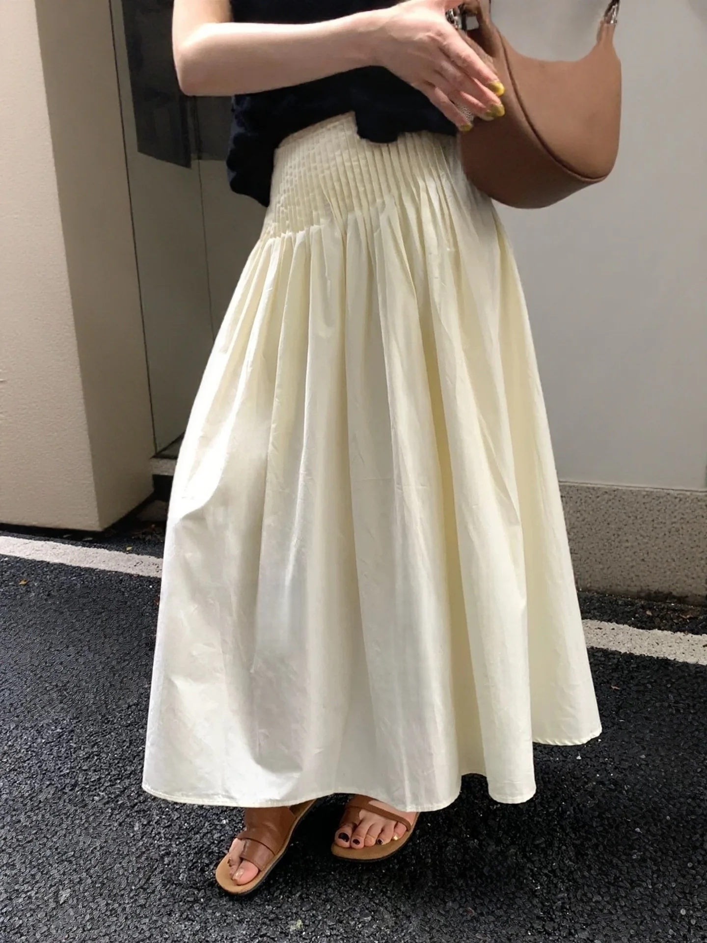 Summer Women's High Waist Maxi Skirt, Smocked Waist A-Line Flowy Long Skirt, Casual Solid Color Cotton Skirt for Daily Wear
