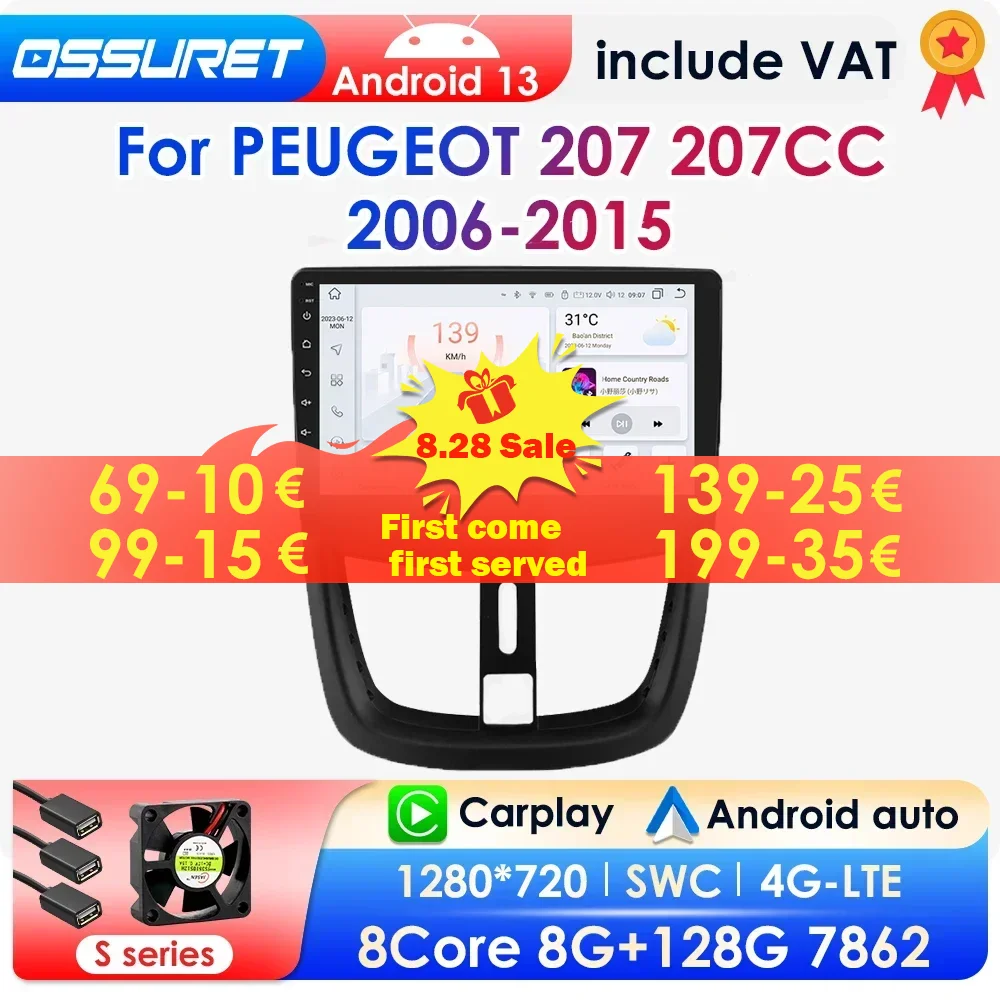 360 fotocamera Carplay Android 13 Autoradio per Peugeot 207 207CC 2006-2015 lettore multimediale per auto Navi GPS 2din Autoradio DSP No DVD