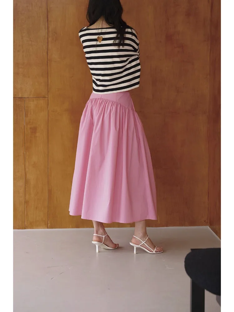 Pleated Design High Waist Skirt For Women Solid Color A-line Office Lady Loose Skirts 2023 Summer New