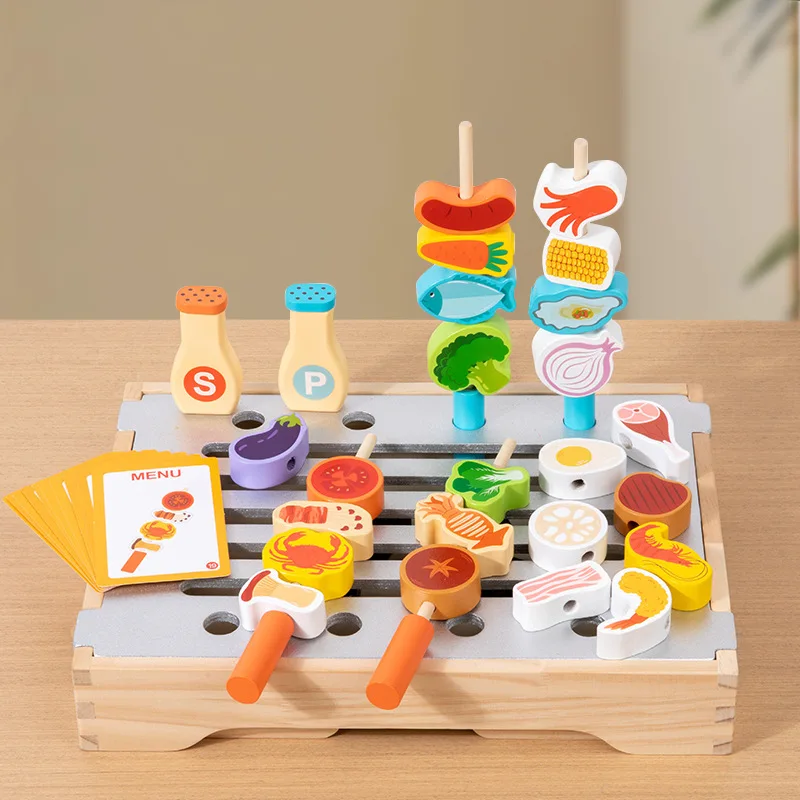

Children's wooden simulation barbecue grill food parent-child interactive kitchen game simulation play house puzzle toy