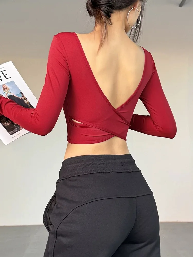 Tief Ausgeschnittenes Rückenfreies All-in-One Sporttop für Frauen Sexy Lauf- und Trainings-Yoga-Bekleidung Schlanke Passform Lässiges Fitness-Langarmshirt – Detail 7